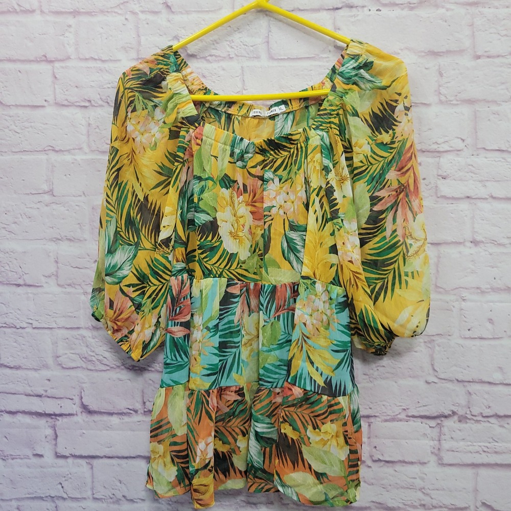 Figueroa & Flower Tropical Tiered Blouse XL Sheer Yellow Boho Peasant Coquette